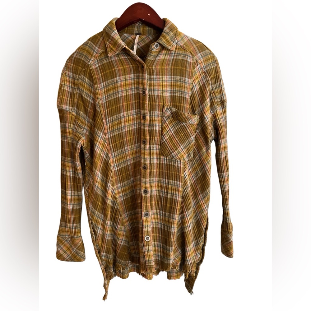 Free People Juniper Ridge Plaid Raw Hem Distressed Boho Grunge Shirt S - Picture 2 of 7
